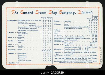 STEAMSHIP LINE LOGO EN HAUT DU MENU ; vin, spiritueux et PRIX LISTE DU TABAC À L'ARRIÈRE DU MENU ; 1900-2725 ; [Déjeuner tenu par] [at] CUNARD R.M.S. LUCANIA (SS) ; Banque D'Images