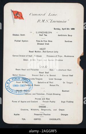 STEAMSHIP LINE LOGO EN HAUT DU MENU ; vin, spiritueux et PRIX LISTE DU TABAC À L'ARRIÈRE DU MENU ; 1900-2725 ; [Déjeuner tenu par] [at] CUNARD R.M.S. LUCANIA (SS) ; Banque D'Images