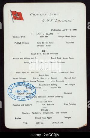 STEAMSHIP COMPANY DRAPEAU EN HAUT DU MENU ; PRIX DU VIN, l'alcool, DU TABAC LISTE SUR L'ARRIÈRE DU MENU ; 1900-2755 ; [Déjeuner tenu par] [at] CUNARD R.M.S. LUCANIA (SS) ; Banque D'Images