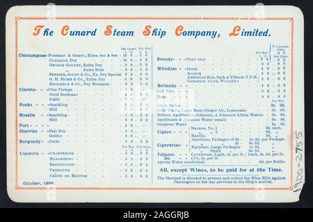 STEAMSHIP COMPANY DRAPEAU EN HAUT DU MENU ; PRIX DU VIN, l'alcool, DU TABAC LISTE SUR L'ARRIÈRE DU MENU ; 1900-2755 ; [Déjeuner tenu par] [at] CUNARD R.M.S. LUCANIA (SS) ; Banque D'Images