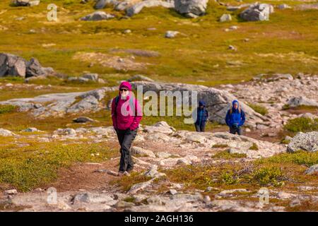 L'ÎLE DE KVALØYA, REKVIK, comté de Troms, NORVÈGE - les randonneurs près de Brosmetinden mountain. Banque D'Images