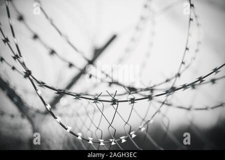 Le noir et blanc sombre triste image de barbelé enroulé sur le haut d'une clôture entourant une prison ou zone restreinte. Banque D'Images