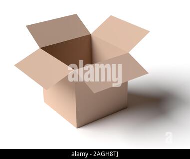 Illustration d'ouvrir boîte marron isolé sur blanc avec l'ombre. Le rendu 3D Banque D'Images