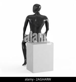 Mannequin homme noir se trouve sur un carré blanc, le dos de l'avant le rendu 3D en plastique blanc sur le backgraund Banque D'Images