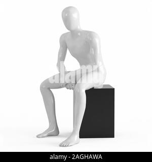 Un mannequin sans visage blanc se trouve sur une case noire. En plastique noir et blanc sur blanc rendu 3D backgraund Banque D'Images