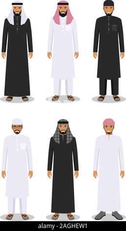 Ensemble de l'article hommes arabes dans l'arabe musulman traditionnel vêtement isolé sur fond blanc dans le style. Musulmane traditionnelle arabe Illustration de Vecteur