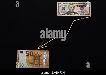 La flèche représente le match de l'euro contre le dollar. Banque D'Images