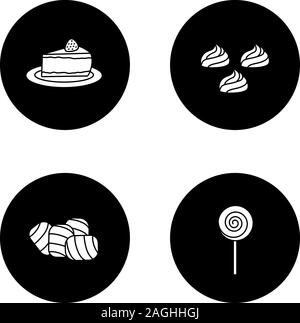 Condectionery glyphe icons set. Maison du Café menu. Gâteau au fromage, des meringues, guimauve, spirale Lucette. Vector silhouettes blanches illustrations en noir Illustration de Vecteur