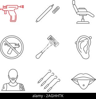 Tattoo studio icons set linéaire. Surligneur, président de tatouage piercing, interdiction des armes à feu, couteaux, pierced oreille et de la langue, tatoueur, d'aiguilles. Fine ligne cont Illustration de Vecteur