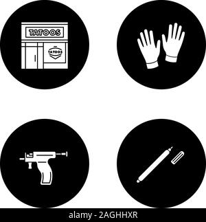 Tattoo studio glyphe icons set. Service de piercing. L'extérieur du tatouage, les gants médicaux, surligneur, pistolet perce. Vector silhouettes blanches illustra Illustration de Vecteur