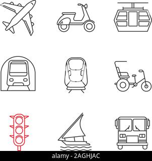 Linéaire de transport public icons set. Fine ligne contour des symboles. Avion, scooter, funiculaire, métro, pousse-pousse à vélo, transrapid, feux de circulation, voile Illustration de Vecteur