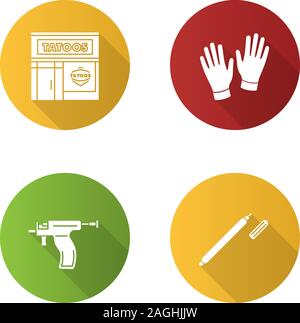 Studio de tatouage modèle plat long shadow glyphe icons set. Service de piercing. L'extérieur du tatouage, les gants médicaux, surligneur, pistolet perce. Si vecteur Illustration de Vecteur