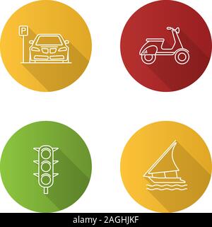 Transport public linéaire plat long shadow icons set. Modes de transport. Zone de parking, scooter, feu de circulation, le bateau à voile. Contour Vector illustratio Illustration de Vecteur