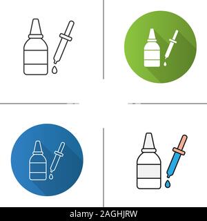 Gouttes pour les yeux et l'icône de compte-gouttes. Modèle plat, linéaire et de couleurs. Bouteille de liquide. Illustrations vectorielles Illustration de Vecteur