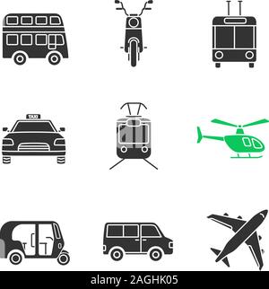 Glyphe de transport public icons set. Symboles de Silhouette. Modes de transport. Double decker bus, scooter, trolleybus, tramway, taxi, hélicoptère, extérieure auto Illustration de Vecteur