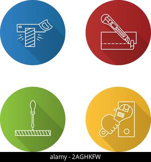 Outils de construction linéaire plat long shadow icons set. Scie à tenon et mortaise, papier à couteau, tournevis, clé en main. Contour Vector illustration Illustration de Vecteur