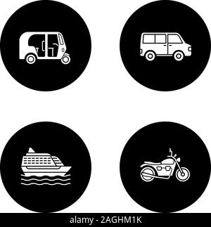 Glyphe de transport public icons set. Modes de transport. Auto rickshaw, minibus, bateau de croisière, en moto. Vector silhouettes blanches illustrations en noir Illustration de Vecteur