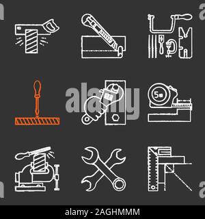 Outils de construction de la craie icons set. Scie à tenon et mortaise, lame stationnaire, bijoutier a vu, tournevis, clé, mètre, étau, traversé de clés plates, équerre Illustration de Vecteur