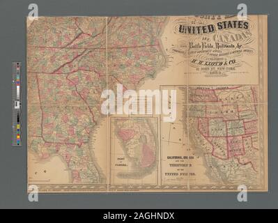 Illustré par hachures de secours. Pour le Canada, couvre le sud du Québec et l'Ontario. Description provenant de la bibliographie publiée. Tableau de la population comprend et encadré des extensions pour le sud de la Floride et de la Californie, l'Oregon et les territoires. Cartographie de la Nation (NEH, 2015-2018), Lloyd's new county carte des États-Unis et Canada montrant champs de bataille, les chemins de fer, &c., compilées à partir des derniers sondages gouvernementaux et autres sources officielles et fiables Banque D'Images