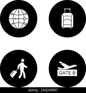 Airport service glyph icons set. Carte d'itinéraire, bagages, passager, porte de l'aéroport. Vector silhouettes blanc illustrations de cercles noirs Illustration de Vecteur