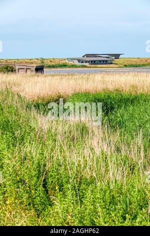 Le Sud Parrinder Masquer surplombant la RSPB Titchwell Marais d'eau douce à la réserve d'oiseaux. Parrinder nord cacher en arrière-plan et l'île cacher à gauche. Banque D'Images