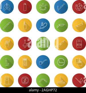 Fumeurs linéaire plat long shadow icons set. Les cigarettes, les fumeurs de cannabis, de la culture. Contour Vector illustration Illustration de Vecteur