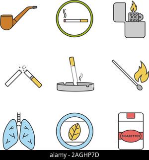 Fumeurs color icons set. Pipe, zone fumeurs, flip-cigares, cigarettes et cassé des substitués, allumettes, les poumons humains, feuilles de tabac, la cigarette Illustration de Vecteur