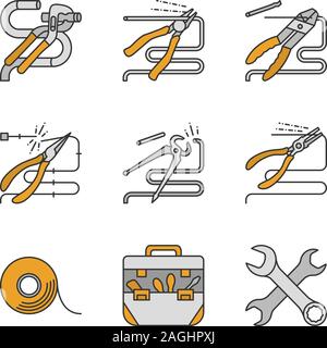 Outils de construction set icônes de couleur. Pinces, pinces, tenailles, pinces fil de découpe, traversé clés, ruban adhésif, sac à outils. Vector illustrat isolés Illustration de Vecteur