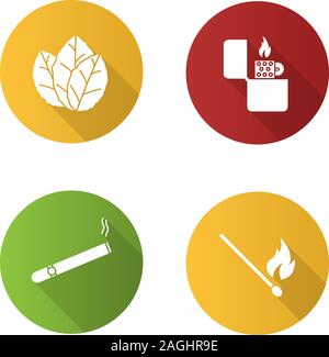 Fumeurs modèle plat long shadow glyphe icons set. Les feuilles de tabac, cigares, flip-cigares, des allumettes en feu. Silhouette Vector illustration Illustration de Vecteur