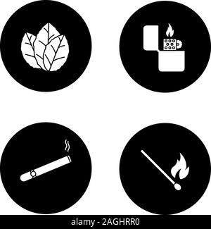 Glyphe de fumer icons set. Les feuilles de tabac, cigares, flip-cigares, des allumettes en feu. Vector silhouettes blanc illustrations de cercles noirs Illustration de Vecteur