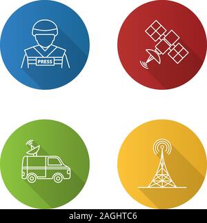 Médias de masse linéaire plat long shadow icons set. Appuyez sur. Correspondant de guerre, signal satellite news van, tour radio. Contour Vector illustration Illustration de Vecteur