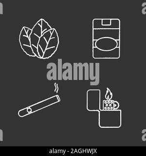 Chalk fumeurs icons set. Les feuilles de tabac, cigares, brûlant plus léger flip, paquet de cigarettes. Illustrations vectorielles chalkboard Illustration de Vecteur