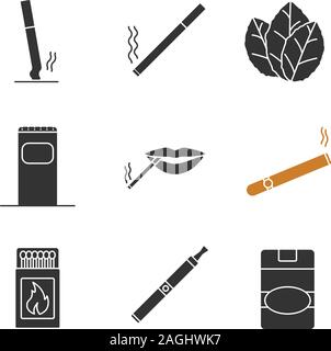 Glyphe de fumer icons set. Et cogné les cigarettes, les feuilles de tabac, poubelle, smokerâs la bouche, cigare, d'allumettes, vape, paquet de cigarettes. Sil Illustration de Vecteur