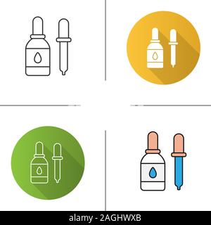 Gouttes pour les yeux et l'icône de compte-gouttes. La médecine. Bouteille de liquide. Modèle plat, linéaire et de couleurs. Illustrations vectorielles Illustration de Vecteur