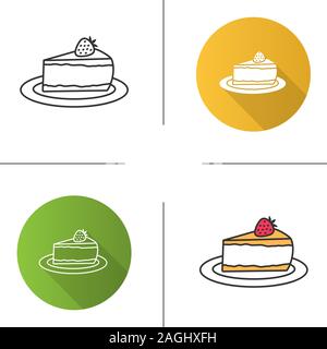 Cheesecake aux fraises avec icône. Morceau de gâteau. Modèle plat, linéaire et de couleurs. Illustrations vectorielles Illustration de Vecteur