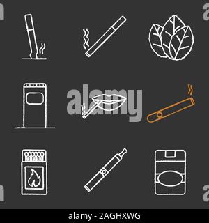 Chalk fumeurs icons set. Et cogné les cigarettes, les feuilles de tabac, poubelle, la bouche du fumeur, d'un cigare, d'allumettes, vape, paquet de cigarettes. Isola Illustration de Vecteur