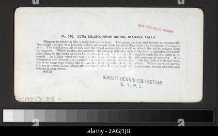 Luna Island, snow bound, Niagara Falls comprend six vues colorés à la main. Robert Dennis Collection de vues stéréoscopiques. Certains points de vue ont un timbre apposé. Titre conçu par cataloger. Vue sur les chutes du Niagara sans attribution ou titre de la série. Vues de Niagara Falls : chutes, rapides, Table Rock, vues d'hiver, ponts, Terrepin Tower, hôtels, les touristes se faisant passer par des chutes, une seule vue de prospect point avec deux chaises vides ; y compris les funambules Blondin sur son dos, baissant la tête à l'envers, et une vue sur des bateaux amarrés à la berge, au-delà de la ville. ; Luna Island, snow bound, Niagara Falls. ; Banque D'Images