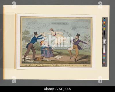 En plein air. De gauche à droite : Hughes Ball holding a vérifier dans une main et un sac d'argent dans l'autre (peut-on résister à ces charmes d'or ... ). Une femme agenouillée est titulaire d'un balai ou un bâton plus Mercandotti qui saute (la balle est la vôtre, ne perdent pas un instant pour faire le saut ... ). Le jeune danseur, sautant en l'air, atteint pour le vérifier (comme tentant d'armes, pour eux je vais voler pour la vie). Le comte de Fife, généralement on croit être le père d'Mercandotti, danses une gigue (je suis heureux que vous êtes allés, tol lol ... ). ; M-RC-N.TI'S leap de l'Opéra, ou le Ballet s'est transformée en une boule. Banque D'Images