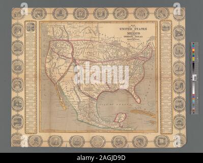 Illustré par hachures de secours. Premier méridiens : Greenwich et Washington, D.C. comprend la frontière avec illustrations ornementales et des statistiques. Cartographie de la Nation (NEH, 2015-2018) ; carte des États-Unis et du Mexique, dont l'Oregon, le Texas et la Californie Banque D'Images