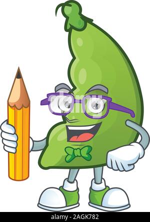 Cool smart Student fèves mascot avec un crayon Illustration de Vecteur