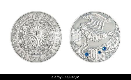 Pièce en argent 20 roubles Bélarus signe astrologique scorpion Banque D'Images