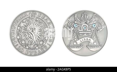 Pièce en argent 20 roubles Bélarus signe astrologique balance Banque D'Images