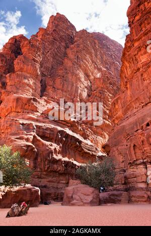 Le Wadi Rum, l'entrée du canyon Khazali, salon de pétroglyphes, à l'étroite gorge de blocs, de la Jordanie, Moyen-Orient, Asie Banque D'Images