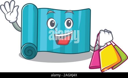 Happy face matelas de yoga style mascotte de défilement, gesticulant, holding Shopping bag Illustration de Vecteur