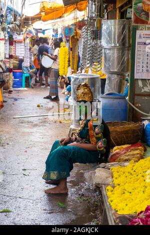 L'homme habillé en déesse hindoue assis dans Goubert marché pendant la fête religieuse, Pondichéry, Tamil Nadu, Inde Banque D'Images