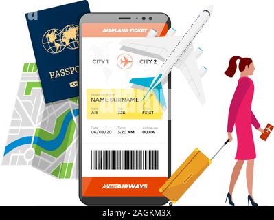 Concept de service de réservation de vol en ligne. Une femme avec un livre de bagages voyage en avion sur un smartphone. Réservation d'un site Web de billets d'avion ou d'une application mobile. Carte de planification de voyage et illustration du vecteur de passeport Illustration de Vecteur