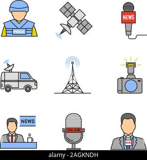 Médias icônes couleur définie. Appuyez sur. Correspondant de guerre, chaînes, microphones, news van, tour radio, appareil photo, présentatrice TV. Illus vectorielles Illustration de Vecteur