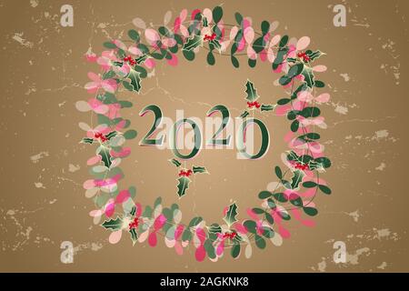 Carte de Nouvel An avec des feuilles de couleur vert et rose et holly retro grunge fond ci-dessus en marron et les chiffres 2020 Banque D'Images