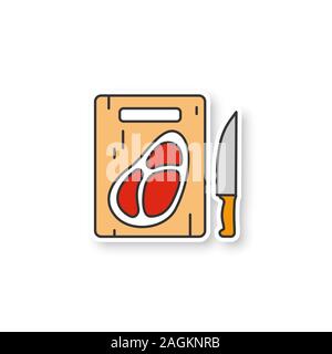 Découper le bifteck sur le couteau avec patch. Beefsteak. Autocollant de couleur. Vector illustration isolé Illustration de Vecteur