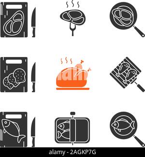 Glyphe de préparation alimentaire icons set. Les planches à découper avec du pain, de la viande et du poisson, des steaks et de la viande de saumon de friture, anchois, griller les pilons de poulet. Silhou Illustration de Vecteur